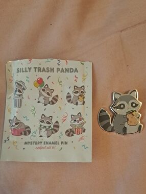 Silly Trash Panda Gray Enamel Brooch Pin - Raccoon Snack Design